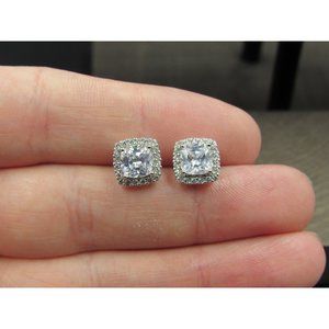 Sterling Silver Brilliant Square Halo Design CZ Stud Earrings Vintage Wedding